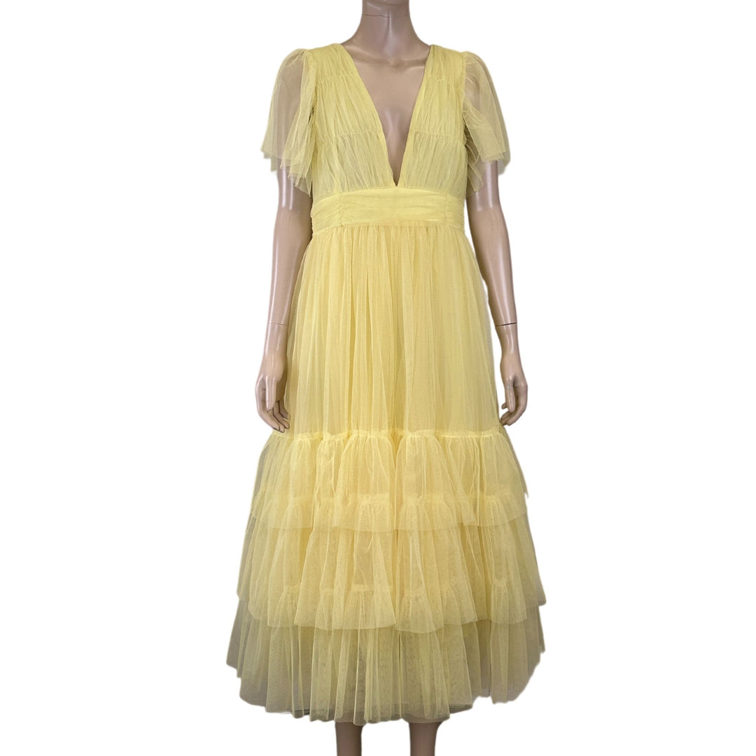 Showpo Lemon 'Flutter Sleeve Turelle Plunge' Midi Dress