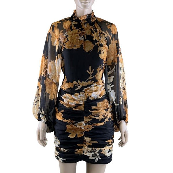Shona Joy Black/Orange High Neck Floral Dress