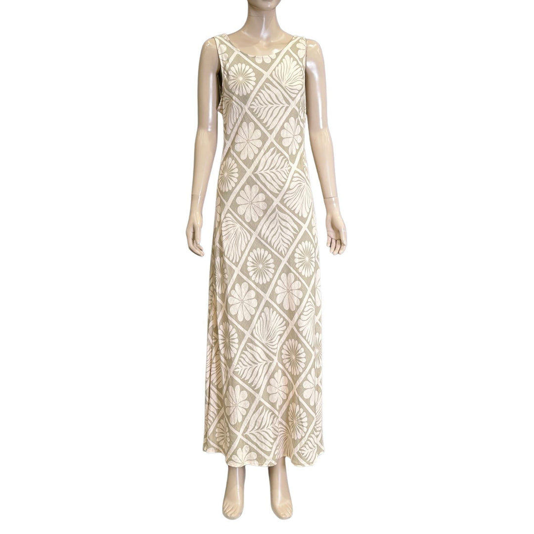Linen Lux Beige Floral Short Sleeve Maxi Dress