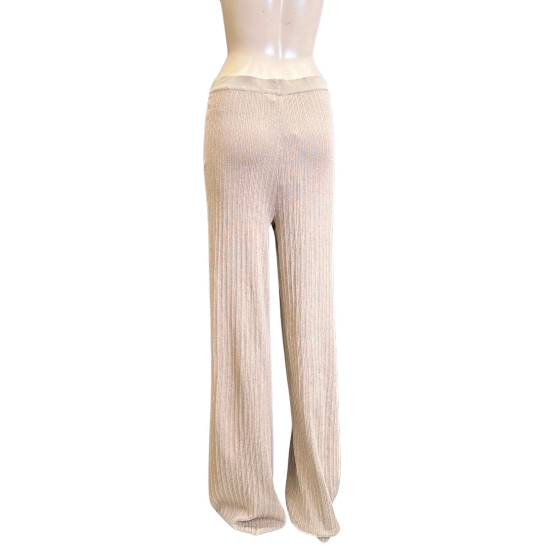 Rosebullet Long Beige Wide Leg Ribbed Stretchable Pants