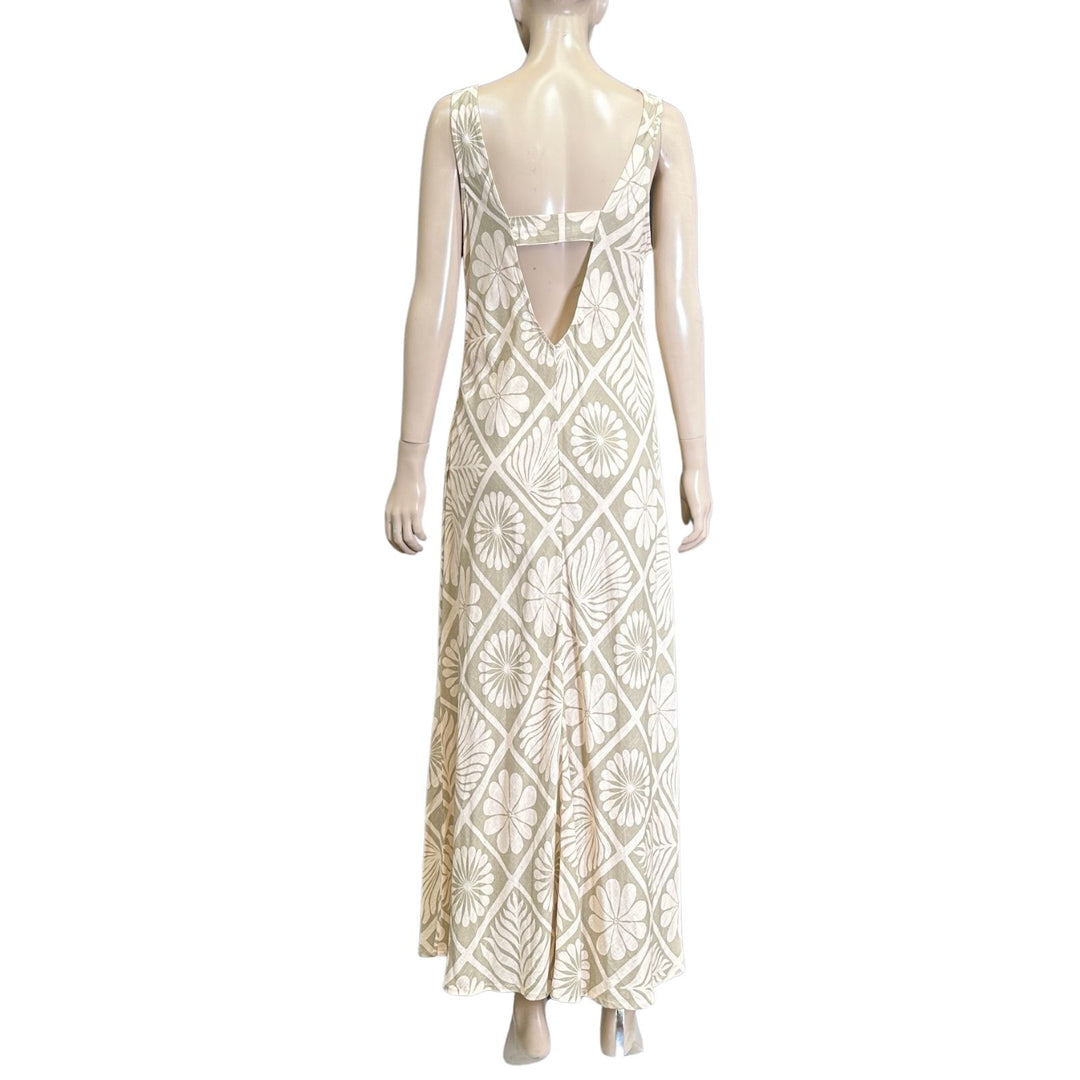 Linen Lux Beige Floral Short Sleeve Maxi Dress