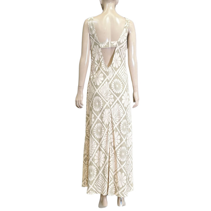 Linen Lux Beige Floral Short Sleeve Maxi Dress