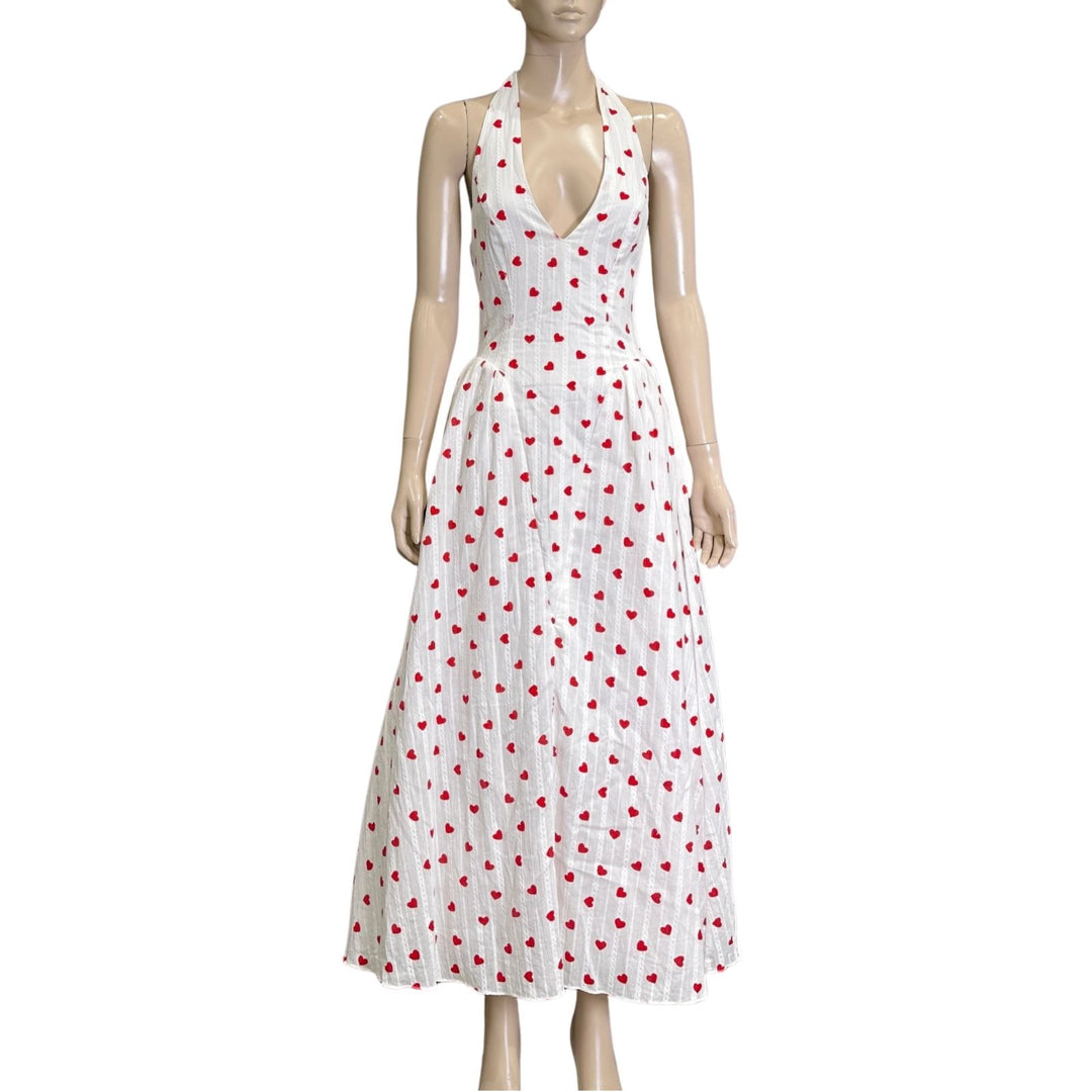 Angel Biba White & Red Heart Print Halterneck Maxi Dress
