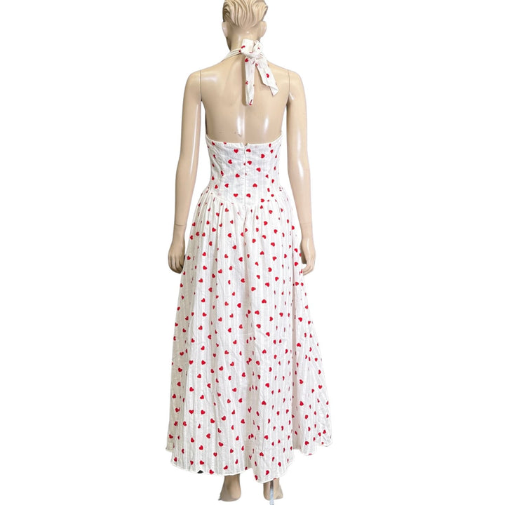 Angel Biba White & Red Heart Print Halterneck Maxi Dress