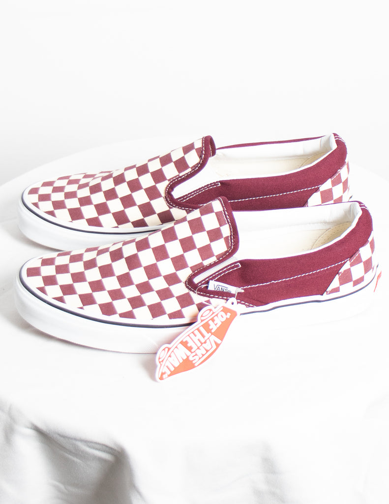 Maroon and shop white checkered vans