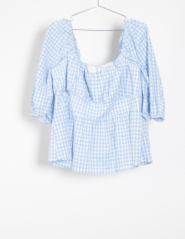 Forever New Blue/White Gingham Puff Sleeve Top - Size 20