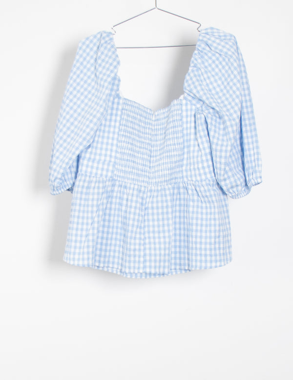 Forever New Blue/White Gingham Puff Sleeve Top - Size 20