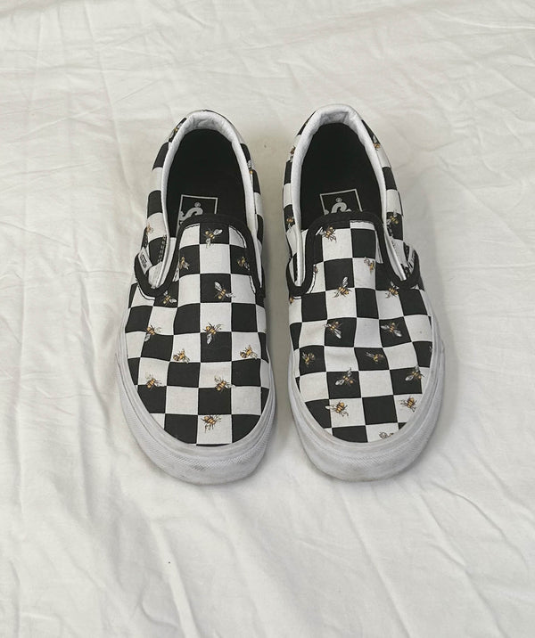 Vans black & White Check Shoes with Bees - Size 6