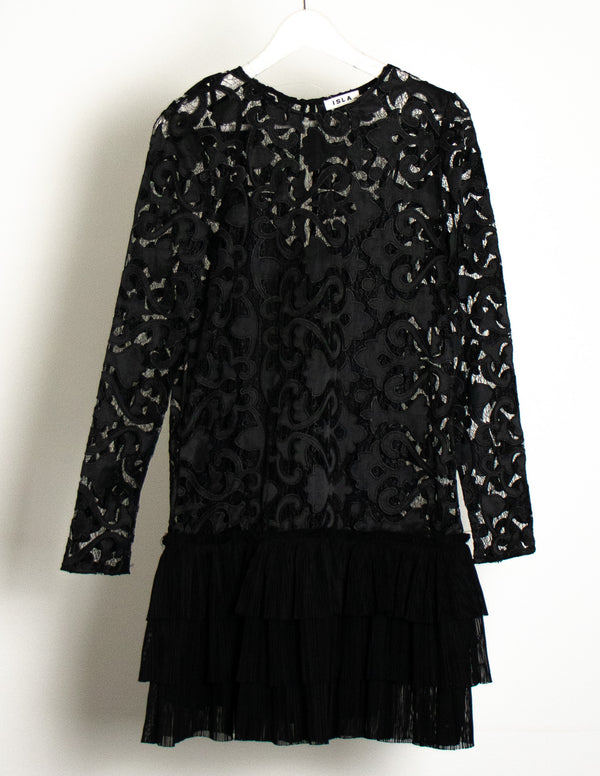 ISLA Black Lace Pleated Ruffle Dress - Size XS