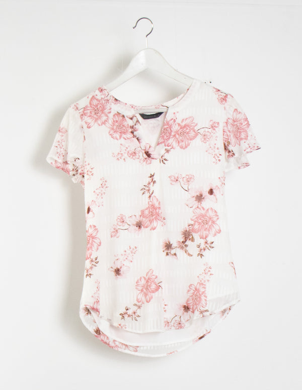 Jacqui E White/Pink Floral Top- Size 8