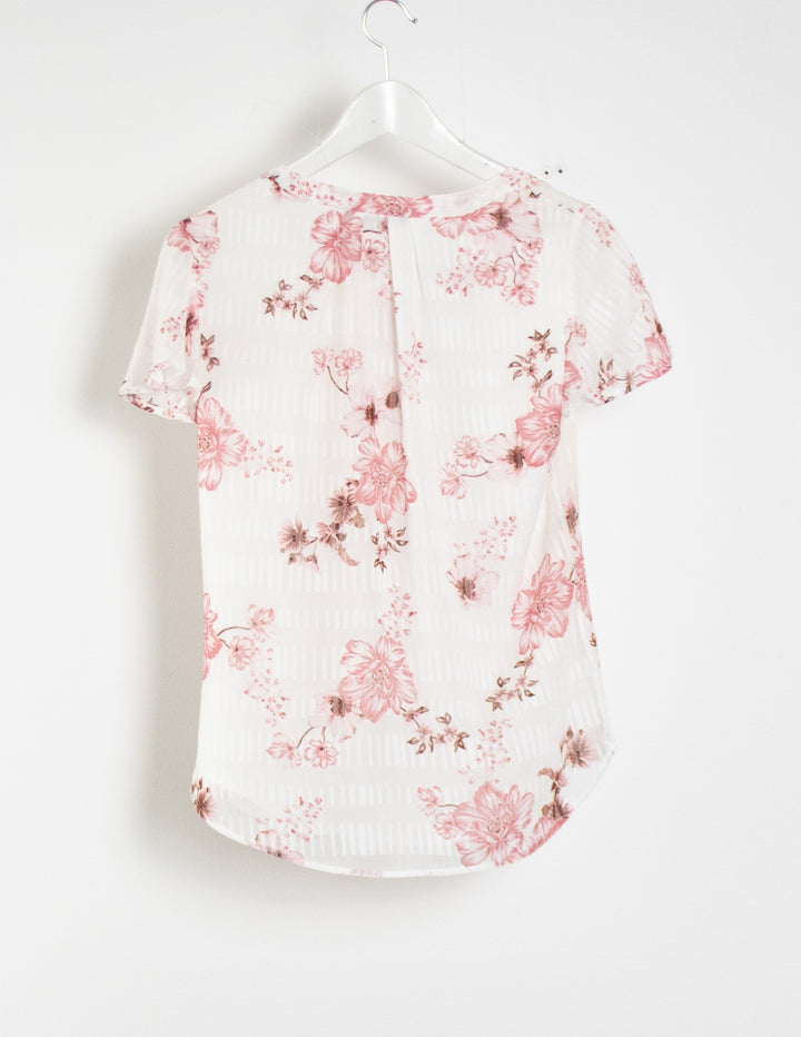 Jacqui E White/Pink Floral Top- Size 8